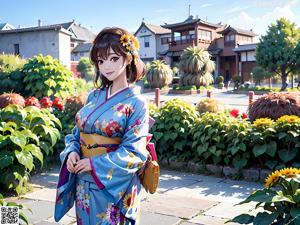 A woman in a blue kimono sitting on a bench.