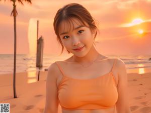 A woman in a pink bikini standing on a beach.