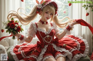 A woman in a red and white dress is posing for a picture.