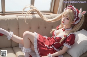 A woman in a red and white dress with long white hair.