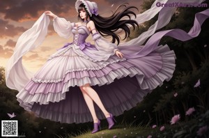 a woman in a purple dress sitting on a bed