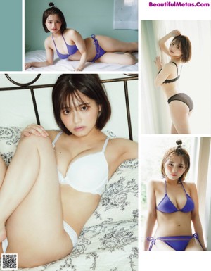 A woman in a blue bikini sitting on a bed.
