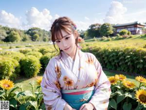 A woman in a blue kimono sitting on a wooden bench.