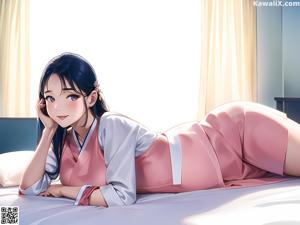 A woman in a white and pink dress sitting on a couch.