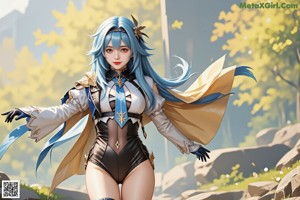 A woman with long blue hair holding a sword.