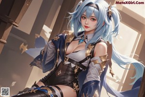 A woman with blue hair and a blue cape is posing for a picture.