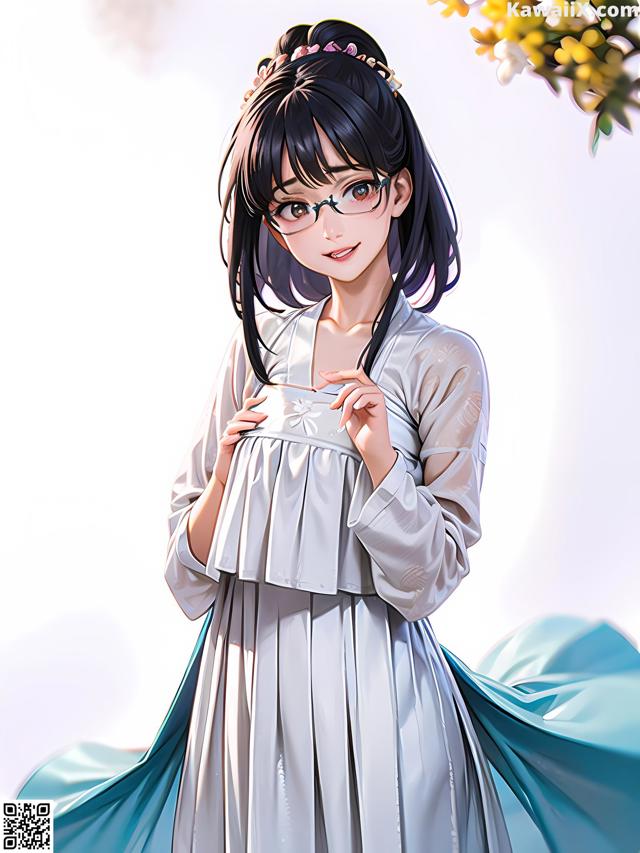 A woman in a white dress and glasses standing in front of a tree.