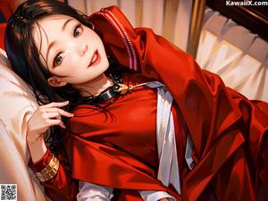 A girl in a red and black outfit holding a white cat.