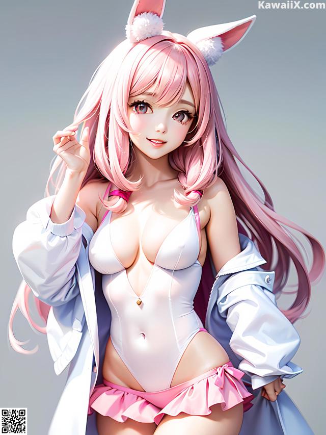 Anime girl with pink hair wearing a white shirt and pink panties.
