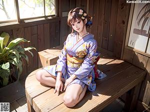 A woman in a blue kimono posing for a picture.