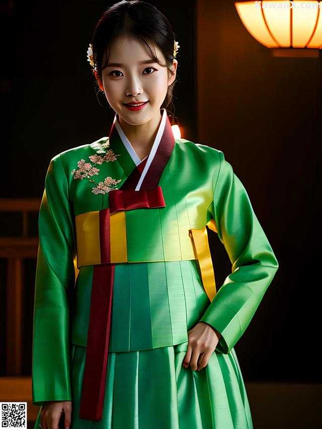 A woman in a green and yellow hanbok poses for a picture.