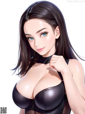 A woman in a black lingerie and stockings posing for the camera.