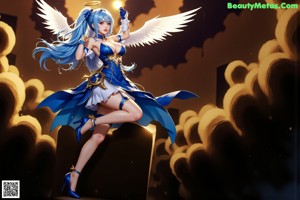 Anime girl with blue hair wearing a white dress and angel wings.