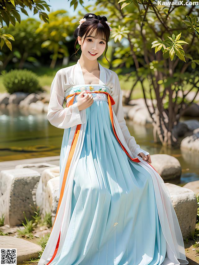 A woman in a blue and white hanbok is posing for a picture.