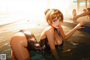 A woman in a black bathing suit standing in a pool.