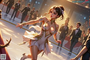 A woman in a red and white dress is dancing.
