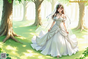 A woman in a white dress standing in a forest.