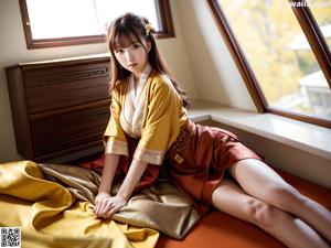 A woman in a black and orange kimono posing for the camera.