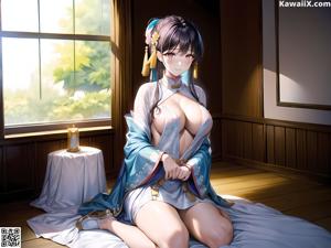 A woman in a kimono sitting on a bed next to a window.