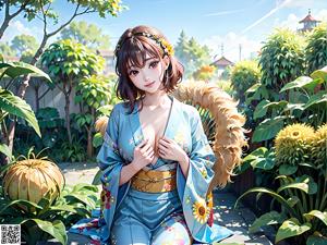 A woman in a blue kimono sitting on a stone wall.