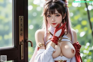 A woman in a revealing outfit with a cape and accessories.