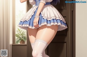 A woman in a blue and white dress and stockings.