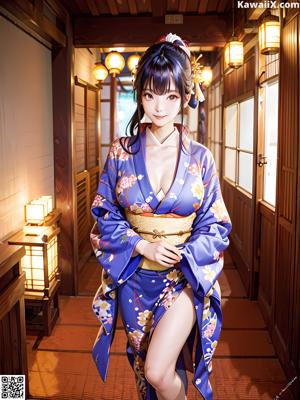 A woman in a kimono standing on a wooden deck.