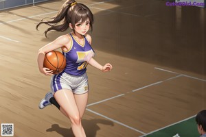 A woman in a red and blue uniform holding a basketball.