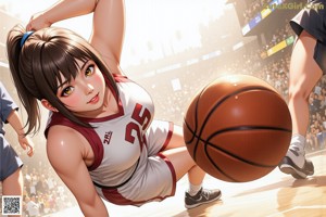 A woman sitting on a basketball court holding a basketball.