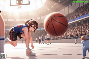 A woman in a red and blue uniform holding a basketball.
