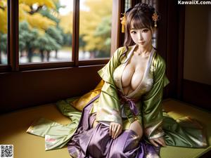 A woman in a kimono sitting on a window sill.