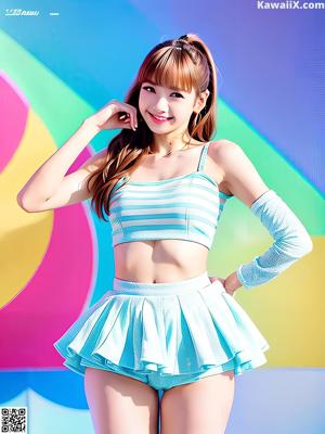 A woman in a pink top and panties posing for a picture.