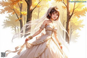 A woman in a white dress is standing in the woods.