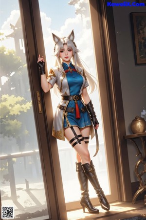 A woman in a blue and black outfit holding a gun.