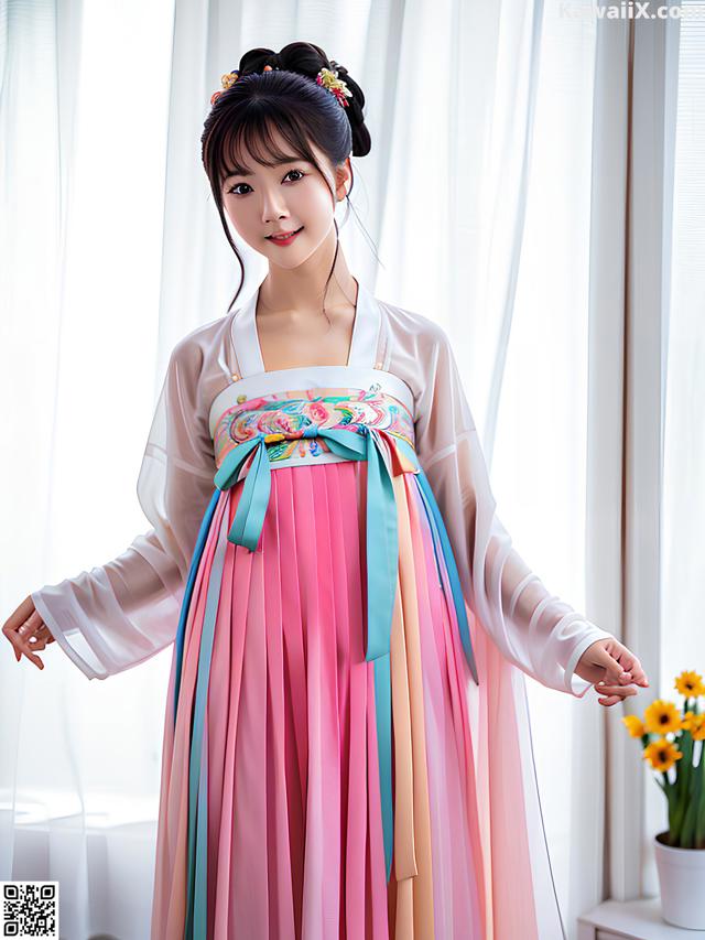 A woman wearing a pink and blue hanbok standing in front of a window.