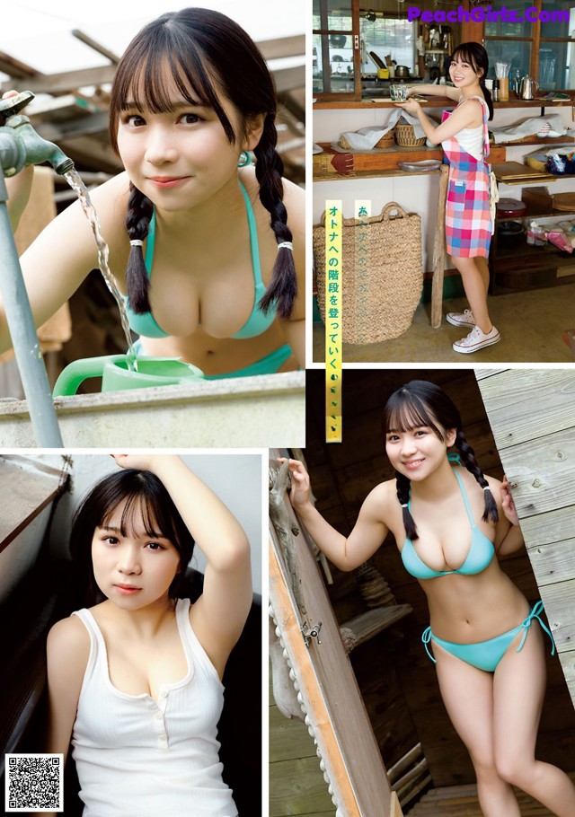 A woman in a blue bikini standing next to a sink.