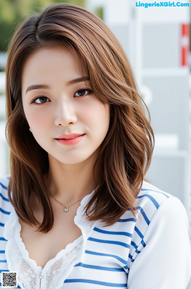 A woman in a blue and white striped shirt posing for a picture.