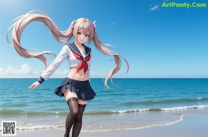 A woman in a school uniform sitting on the beach.