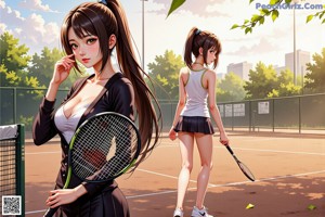 A woman in a bikini holding a tennis racket.