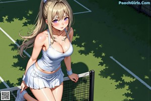 A woman holding a tennis racket on a tennis court.