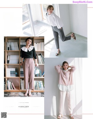 A woman in a white shirt and pink pants posing in front of a bookshelf.