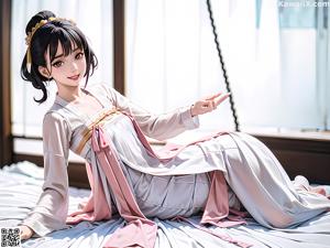 A woman in a white kimono is posing for a picture.
