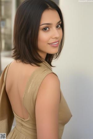 A woman in a blue and gray shirt posing for a picture.