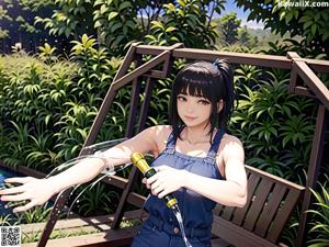 A girl in a school uniform sitting on the ground.