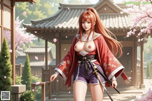 A woman in a traditional outfit with cherry blossom petals.