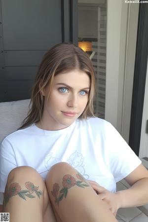 A woman in a white shirt and blue skirt sitting on a bed.