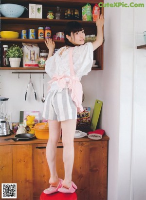 A collage of photos of a woman in a kitchen.