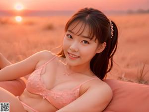 A woman in a pink lingerie sitting on a bed.