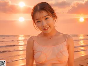 A woman in a pink bathing suit sitting on a chair.