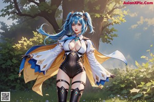 A woman with blue hair wearing a white and black outfit.